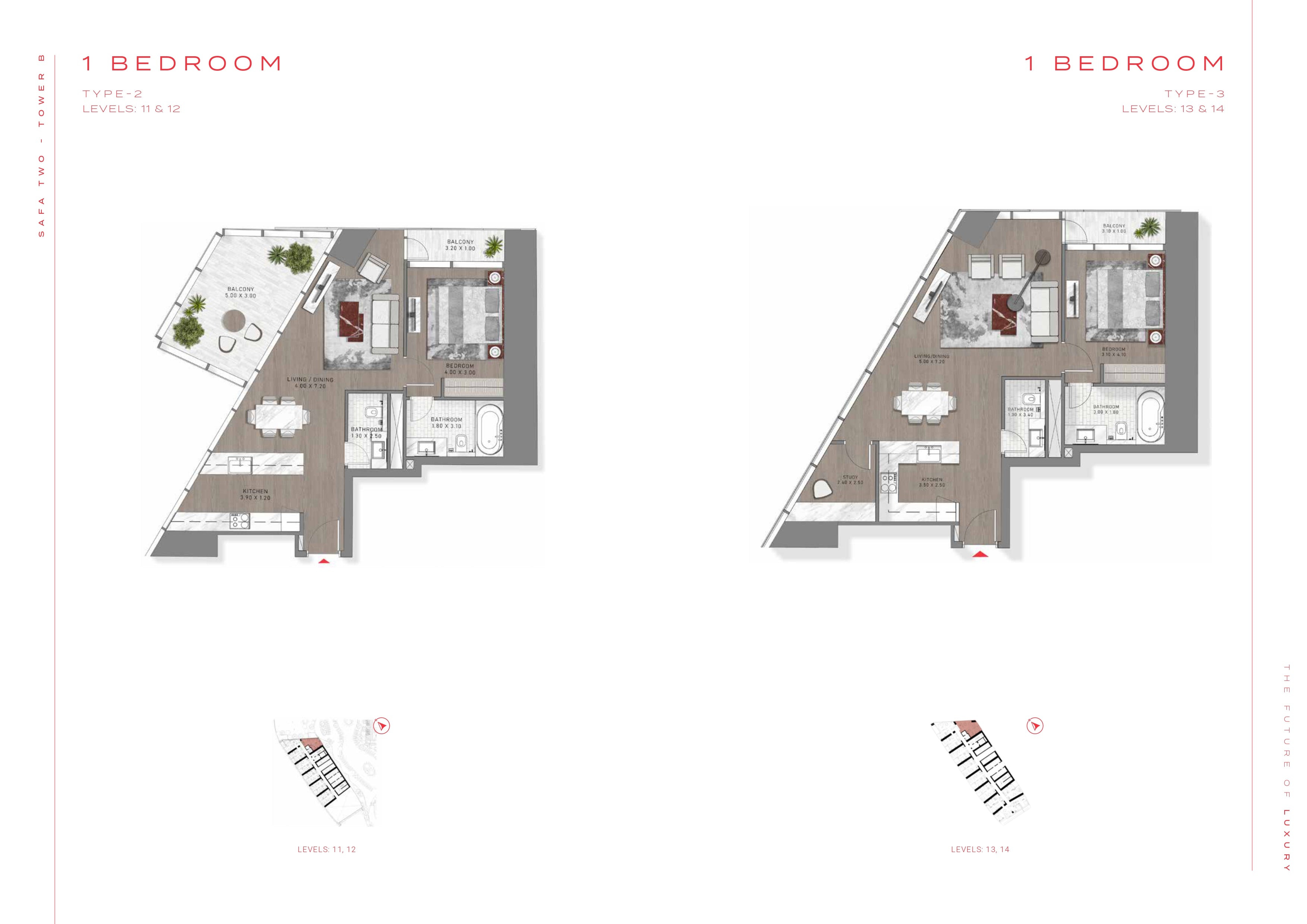 1 BEDROOM 1 BEDROOM TYPE-2 LEVELS: 11 & 12 LEVELS: 11, 12 TYPE-3 LEVELS: 13 & 14