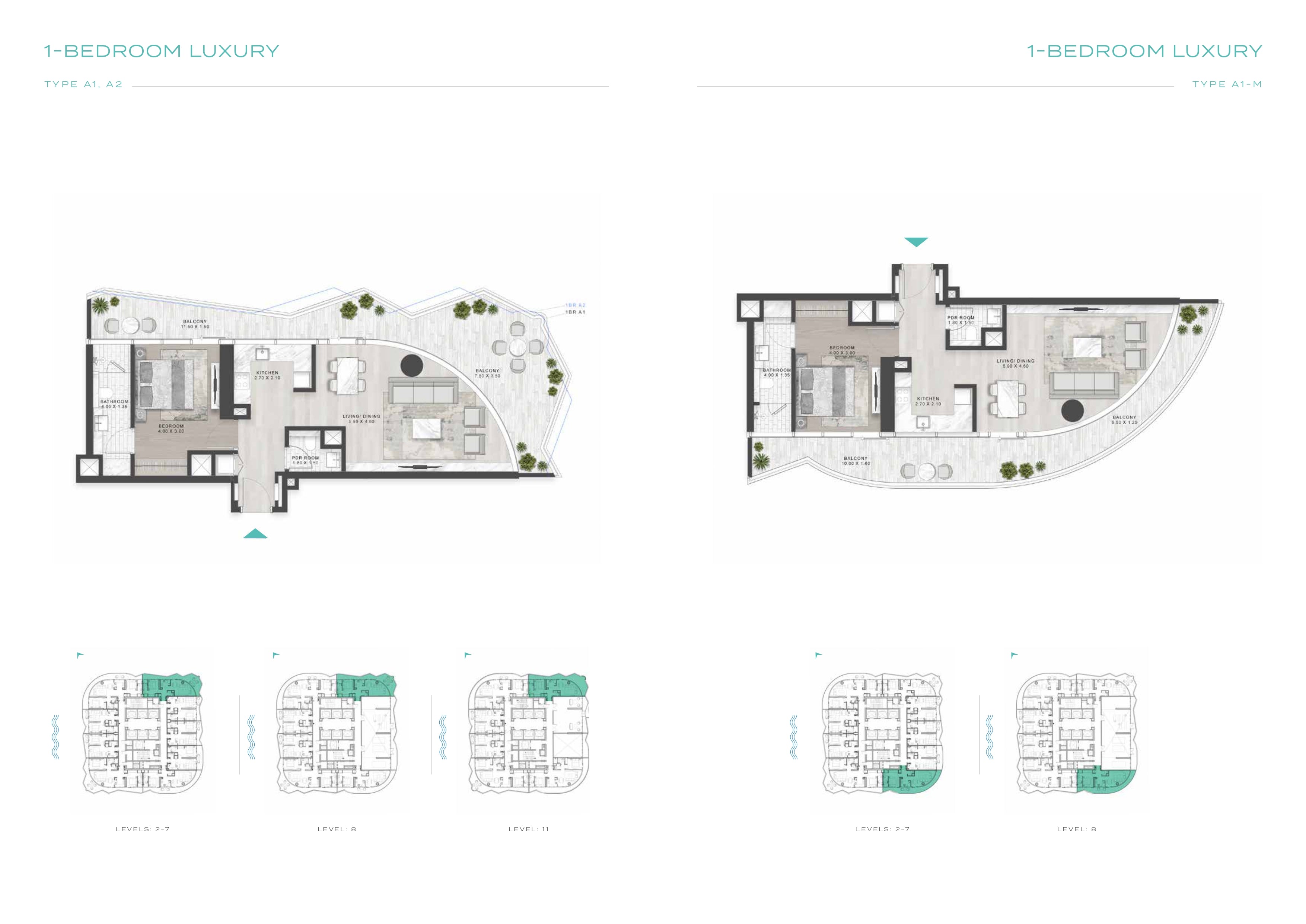 1-BEDROOM LUXURY  1-BEDROOM LUXURY  TYPE A1, A2  LEVELS: 2-7  TYPE A1-M