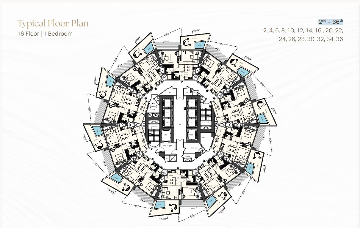 Typical Floor Plan 16 Floor | 1 Bedroom 2nd - 36th
