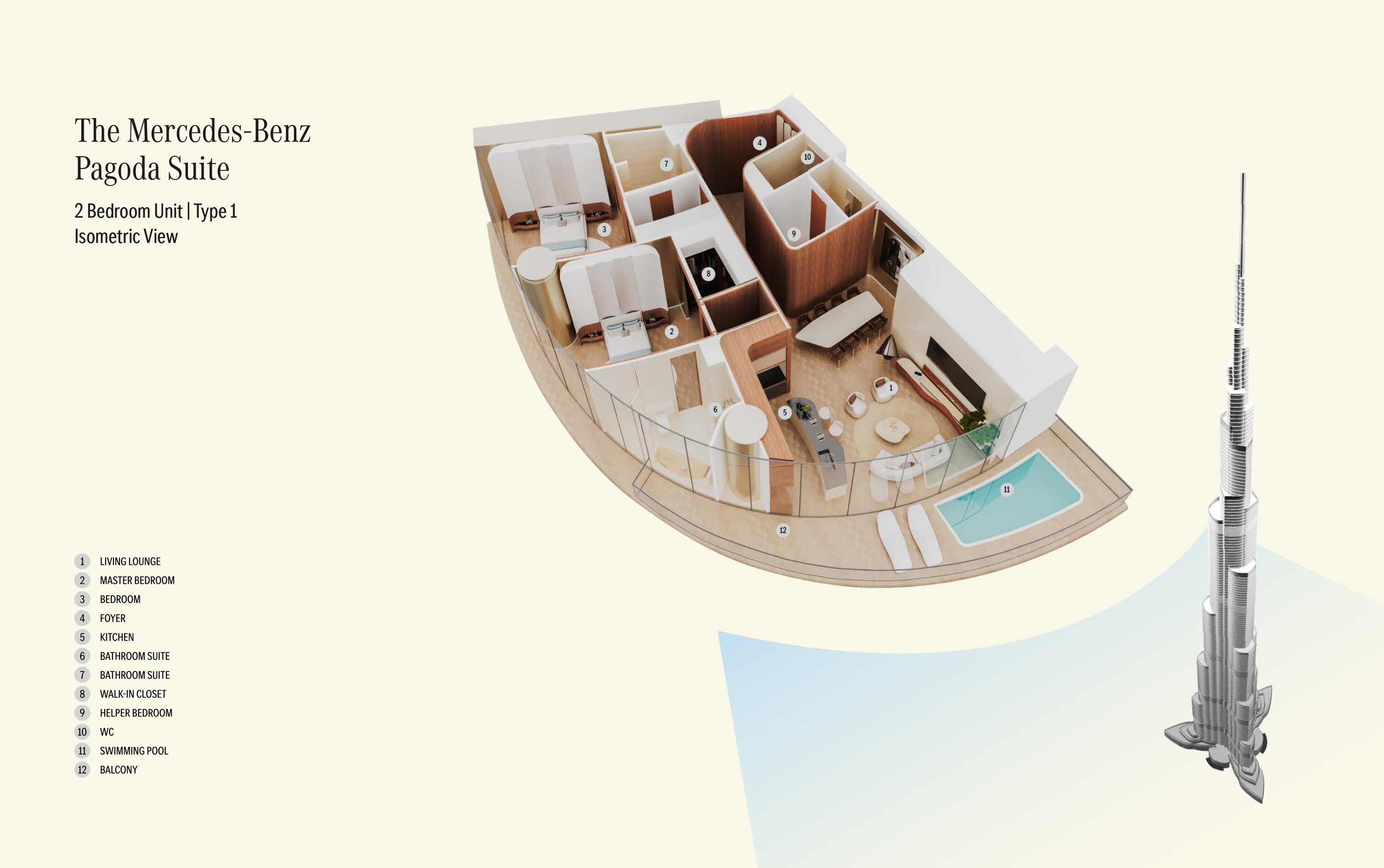 The Mercedes-Benz  Pagoda Suite 2 Bedroom Unit | Type 1  Isometric View