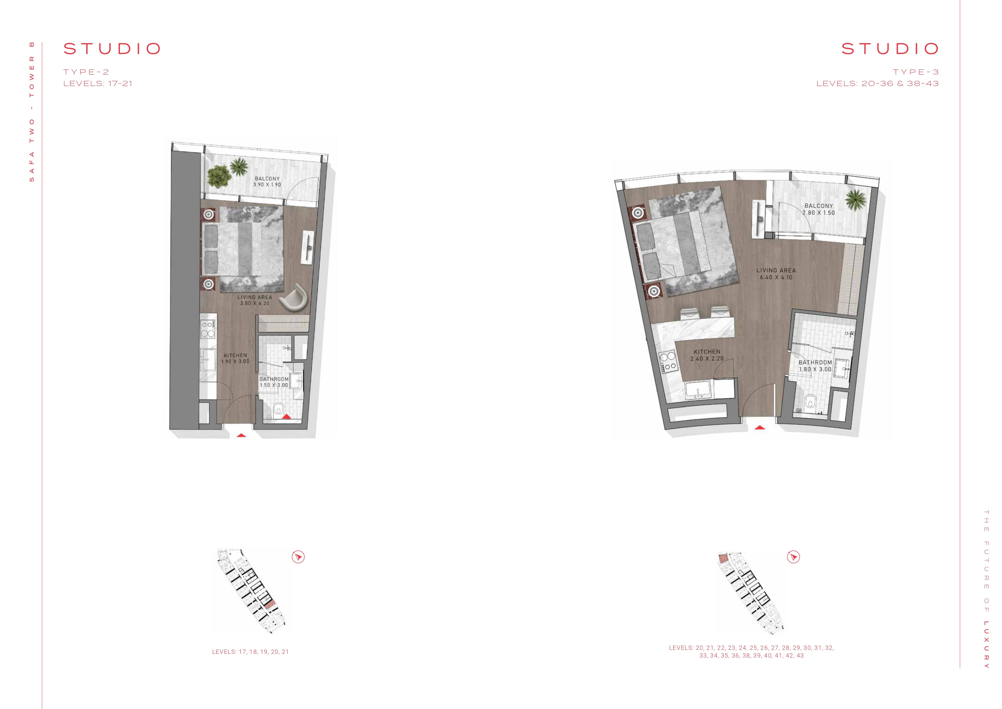  STUDIO  STUDIO  TYPE-2  LEVELS: 17-21  TYPE-3  LEVELS: 20-36 & 38-43