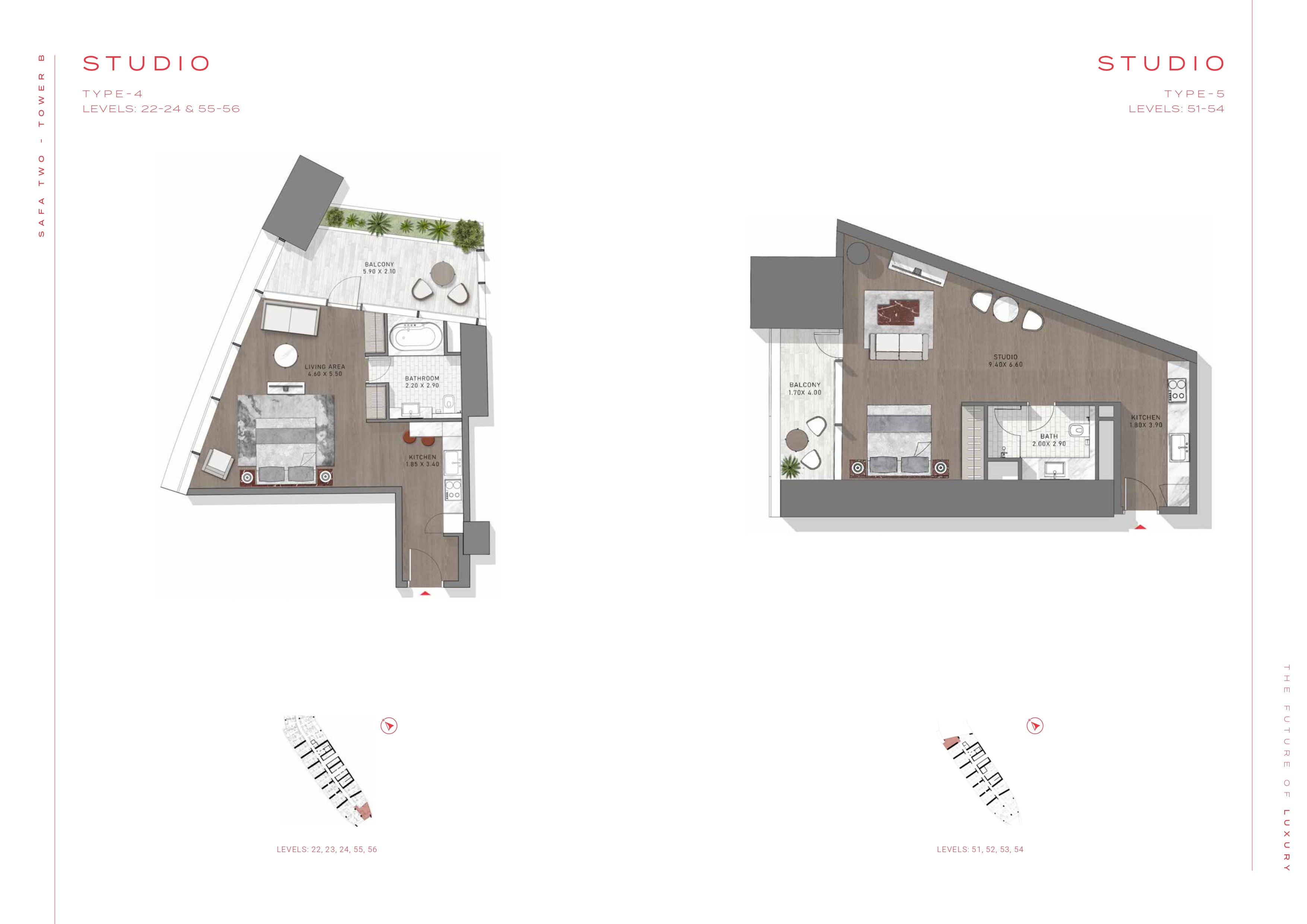 STUDIO  STUDIO  TYPE-4  LEVELS: 22-24 & 55-56  LEVELS: 22, 23, 24, 55, 56  TYPE-5  LEVELS: 51-54