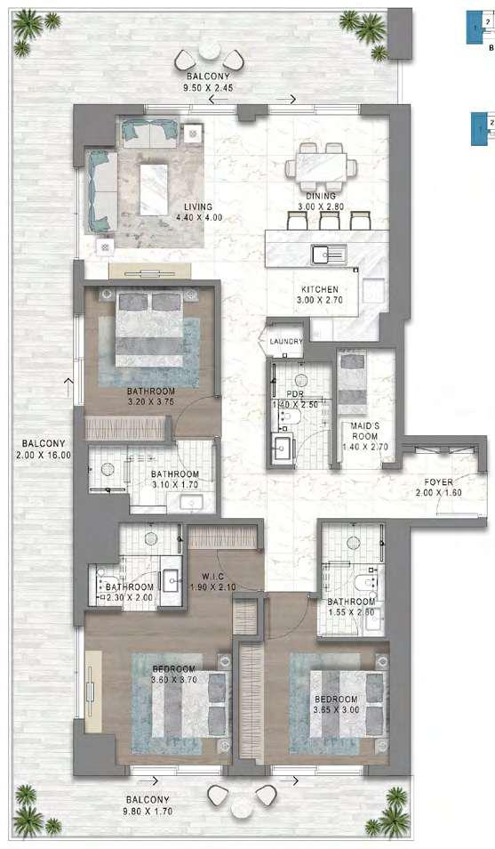 Residence 1: 3 Bedroom floor Plan B